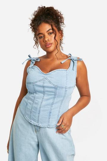 Plus Bow Detail Denim Corset Top light wash